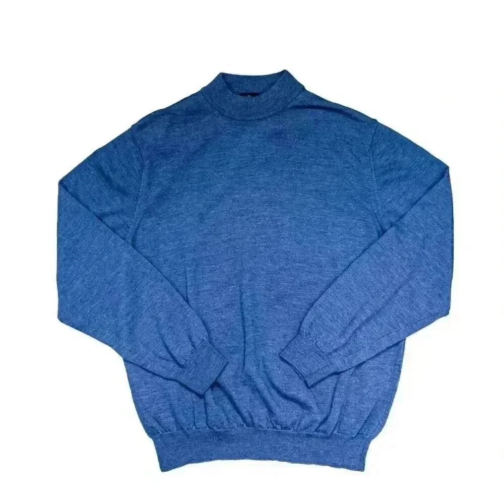 Toscano Italian Men’s Blue 100% Wool Mock Neck Pullover Sweater Size L